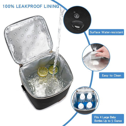 Insulated Bottle Bag with Ice Pack Fits 4 Large Baby Bottles Up to 5 Ounce, Cooler Bag Great for Nursing Mom Daycare-Black...