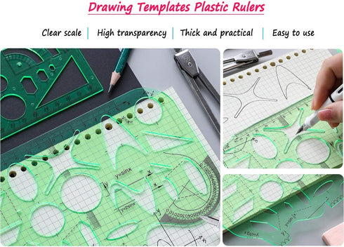 KESAPLAN 9 PCS Drawing Templates Plastic Rulers Multi-Function Measuring Rulers with French Curve Ruler,Geometric Drawings Templates Rulers Tool S...