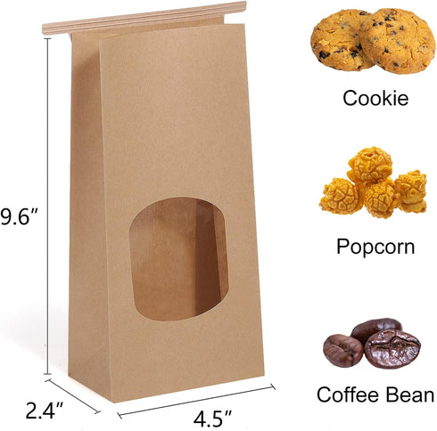 Eupako 4.5x2.36x9.6" Bakery Bags with Window 50 PCS Brown Tin Tie Tab Lock Bags Kraft Paper Bags for Cookies, Coffee, Included 50 PCS Handmade Sti...