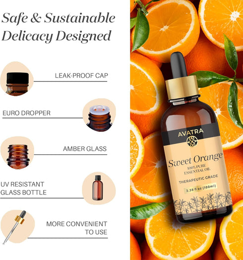 Avatra Orange Essential Oil for Diffuser, Skin, & Aromatherapy | Natural & Undiluted | Cleaning, DIY, Soap & Candle Making | Premium Grade with Gl...