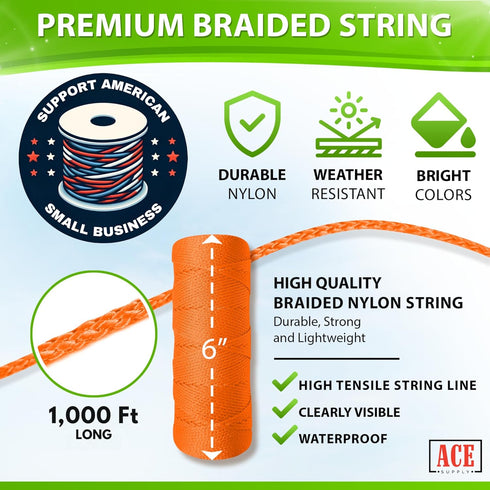 Orange Mason Line String Line - #18 Braided Nylon String - 1,000 Ft Length - Nylon Twine for Gardening Or Masonry Tools - Perfect Construction Str...