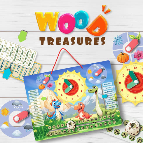 6 in 1Dinosaur Shaped Montessori Wooden Calendar Clock, Early Learning Educational Games Teaching Clock for Learning The Time, Date, Days of The W...