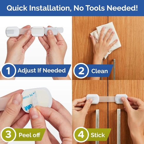 Child Safety Strap Locks (4-Pack) Baby Locks for Cabinets and Drawers, Toilet, Fridge & More. 3M Adhesive Pads. Easy Installation. (White/Gray)...
