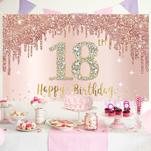 Sweet 18th Birthday Banner Backdrop Decorations for Girls, Rose Gold 18 Birthday Party Sign Supplies, Pink 18 Years Old Birthday Poster Background...