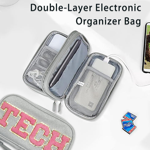 Electronics Accessories Organizer Bag with Chenille Letter Patch TECH for Women Travel Gifts, Traveling Essentials Compact Case Waterproof Must Ha...