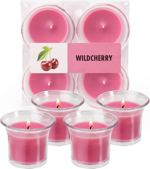 HYOOLA Clear Cup Scented Votive Candles - Wild Cherry - 12 Hour Burn Time - 4 Pack - European Made...