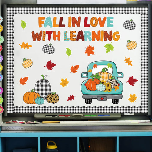 69Pcs Fall Classroom Bulletin Board Decorations Blue Truck Pumpkin Maple Leaves Cutouts for Autumn Thanksgiving Home School Wall Chalkboard Decor...