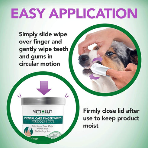 Vet's Best Dental Care Finger Wipes - Reduces Plaque & Freshens Breath - Teeth Cleaning Finger Wipes for Dogs & Cats - 50 Count...