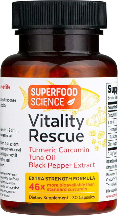 Vitality Rescue Omega 3 and Turmeric Supplement w/Bioperine, CurcuWin 46X Superior Absorption Curcumin to Support Workout Recovery, Joint, Muscle,...