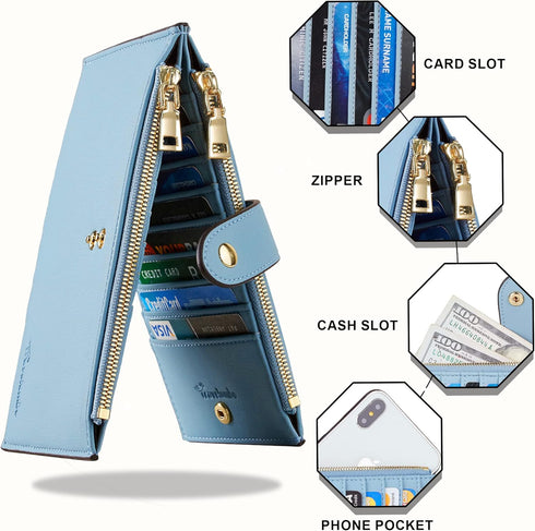 Travelambo Womens Wallet Slim RFID Blocking Bifold Credit Card Holder Wallet with 16 Card Slots, 2 Zippered Pockets...
