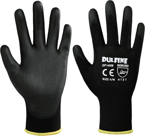 DULFINE Ultra-Thin PU Coated Work Gloves-12 Pairs,Excellent Grip,Nylon Shell Black Polyurethane Coated Safety Work Gloves, Knit Wrist Cuff,Ideal f...
