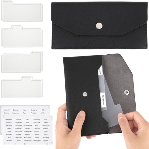Cash Envelope Wallet Black PU leather budget cash envelopes divider wallet label sticker budget envelopes set suitable for budget planners and cas...
