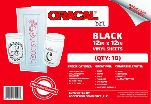 (10) 12" x 12" Sheets - Oracal 651 Black Adhesive Craft Vinyl for Cricut, Silhouette, Cameo, Craft Cutters, Printers, and Decals - Gloss Finish - ...