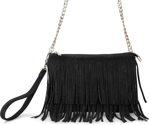 HOXIS Fringe Cross Body Bag Womens Small Shoulder Bag Top Zip Wristlet...