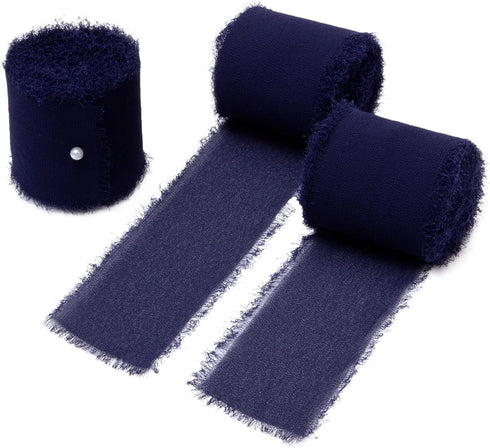 DORIS HOME 3 Rolls 2"x7Yd Fringe Chiffon Ribbon for Flower Bouquet, Handmade Dark Navy Blue Ribbon for Gift Wrapping, Frayed Edge Ribbon for Craft...