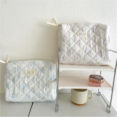 2 Pcs Large Quilted Makeup Bag, Cotton Quilted Toiletry Bag for Women,Floral Coquette Makeup Bag,Cute Kawaii Travel Cosmetic Bags(01BlueRose)...