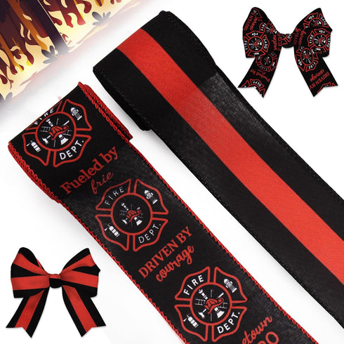 Patriotic Ribbon Firefighter Support Ribbon for DIY Crafts - Patriotic Black Red Burlap Wired Edge Ribbon for 4th of July,Memorial Day Wreath Bow,...