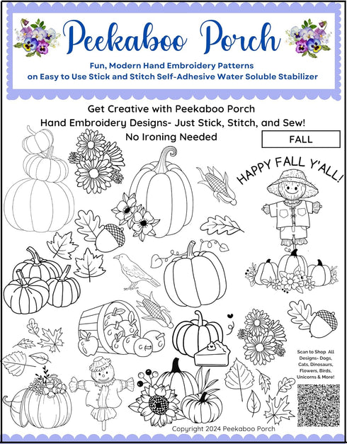 Fall Autumn Pumpkin Ready-to-Use Embroidery Design Transfers on Stick and Stitch Water Soluble Sewing Stabilizer Paper for Hand Embroidery Kit Thr...