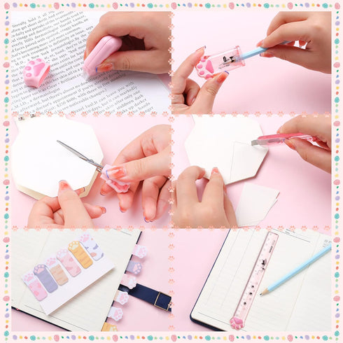 9 Pcs Cute Cat Paw Stationery Set Kawaii School Supplies Including Pencil Sharpener Retractable Eraser Correction Tape Sticky Notes Ruler Mini Sci...