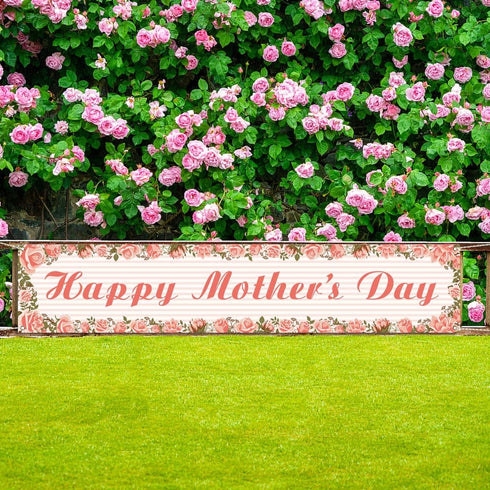 Happy Mother's Day Fence Banner I Love You Mom Pink Floral Holiday Party Photo Booth Backdrop Yard Outdoor Decoration...
