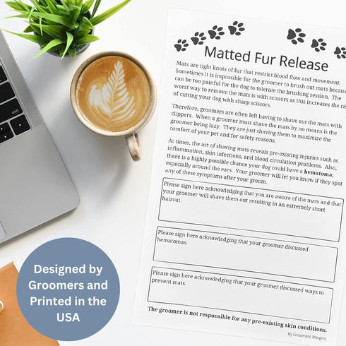 Dog Grooming Matted Fur Release Forms (Pad of 100, 5.5 X 8.5 Inches) Dog groomer forms addressing mats for Grooming Salon...
