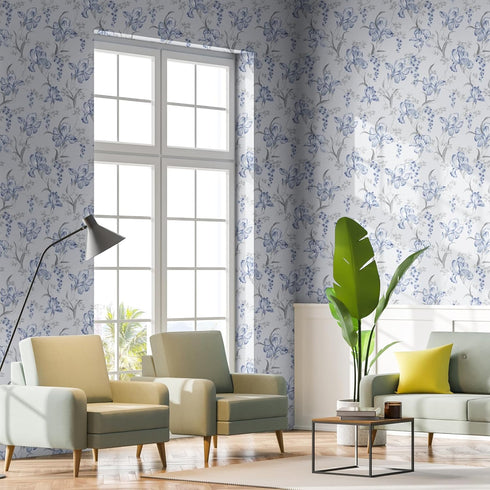 17.7"x118" Blue Grey Floral Peel and Stick Wallpaper Iris Flower Bouquet Leaf Mural Wallpaper Floral Contact Paper Self Adhesive Removable Floral ...