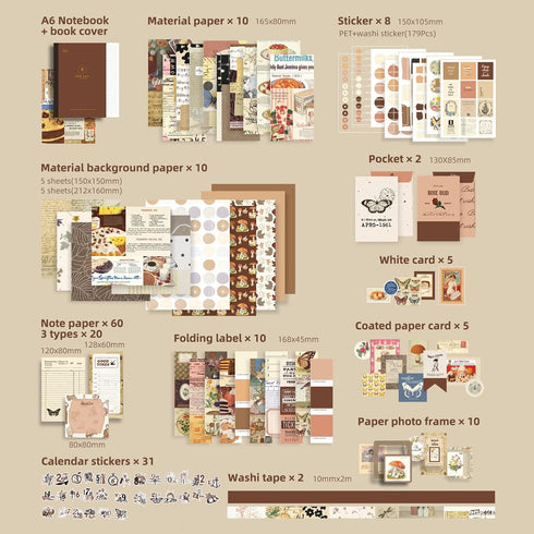 348 Pcs Scrapbooking Supplies Kit, Vintage Aesthetic Scrapbook Kit for Bullet Junk Journal, Stationery, A6 Grid Notebook, DIY Journaling Supplies,...
