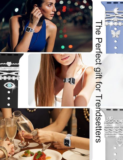 JR.DM 11-Pcs Super Bling Watch Charms with 9-Pcs Decorative Rings Loops 2-Pcs Decoration, Compatible with Apple Watch Band Metal Diamond Sliding A...