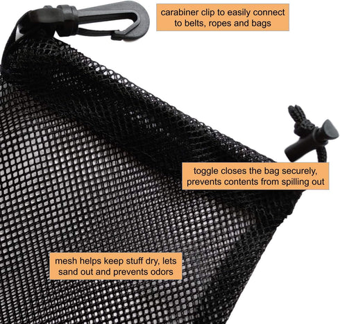 PALTERWEAR Mesh Drawstring Bag With Clip and Toggle Closure - For Watersports, Outdoor, Gym - Multi-Use Set of 4 (Black, 6 x 8 inch)...