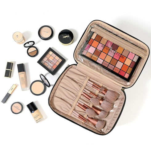 NISHEL Large Double Layer Travel Makeup Bag Women, Large Cosmetic Case, Organizer for Travel-Size Accessories Bottles, Brushes, Conditioner, and S...