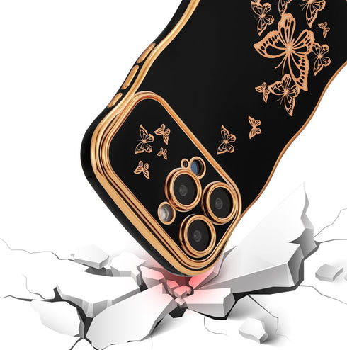 ZTOFERA for iPhone 13 Pro Max Case for Girl Women, Cute Curly Wave Frame with Luxury Plating Butterfly Pattern, Soft TPU Shockproof Raised Lens Pr...
