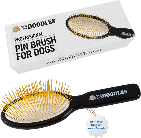 Pet Grooming Detangler Pin Dog Brush For Shedding and Removing Loose Fur, Lightweight Beech Wood with Gold Plated Pins for Long Hair [We Love Dood...