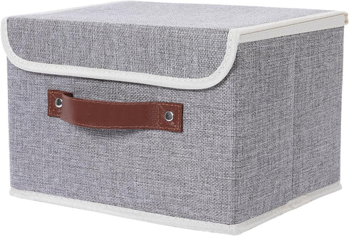Collapsible Storage Bins with Lids & PU Leather Handles - PP Plastic Board Washable Linen Fabric Storage Box, Foldable Storage Cube for Home Bedro...