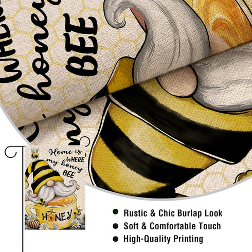 Home is Where My Honey Bumble Bee Gnome Decorative Garden Flag, House Yard Spring Summer Outside Decor, Outdoor Small Burlap Decoration Double Sid...