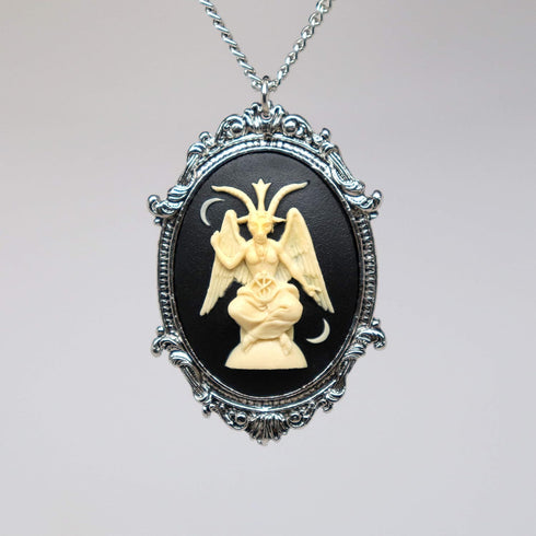 Sitting Satanic Baphomet Cameo In Silver Finish Frame Necklace Pendant Ivory on Black...