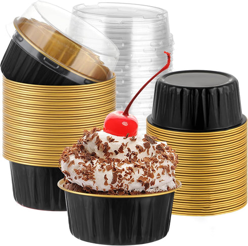 20Pack Alluminum Cupcake Containers, 5oz Dessert Cups with Lids, Mini Cake Pans With Lids for Gift Holiday Party Cake Baking Sales Mini Storage Bo...