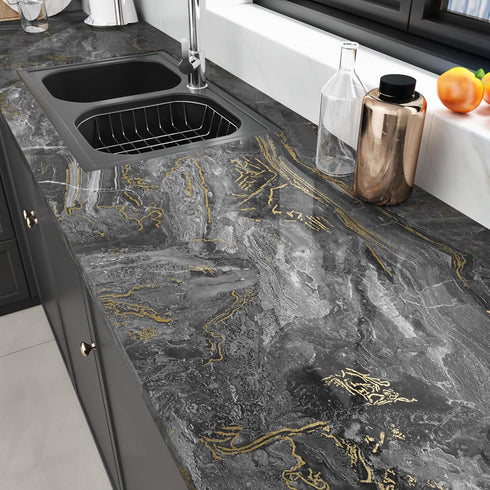 Black Gold Marble Contact Paper Peel and Stick Counterops Waterproof Marble Wallpaper Glossy Countertop Vinyl Wrap Gold Marble Countertop Peel and...