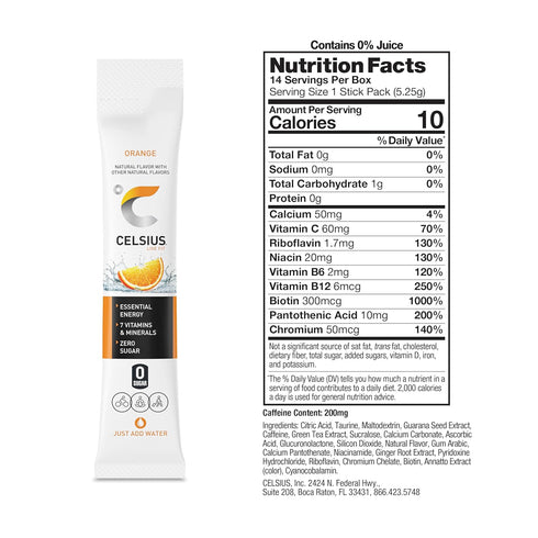 CELSIUS On-the-Go Powder Stick Zero Sugar (14 Sticks per Pack), Orange, 2.60 Oz...