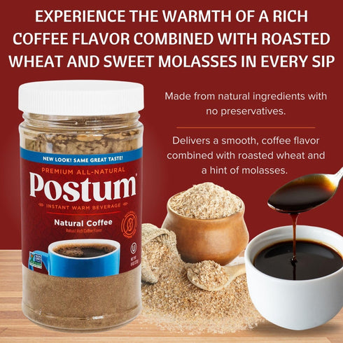 Postum Natural Coffee Flavor Coffee Substitute (8oz) Coffee Alternative Caffeine Free with Roasted Wheat Bran & Molasses | Natural, Non-GMO, Vegan...