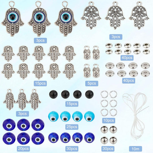 SUNNYCLUE 1 Box 240Pcs 6 String Evil Eye Bracelets Making Kit 8mm/10mm Evil Eye Beads Bulk Lampwork Glass Beads Blue Hamsa Hand Charms for Jewelry...