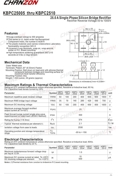 (Pack of 2 Pieces) Chanzon KBPC2504 Bridge Rectifier Diode 25A 400V KBPC Single Phase, Full Wave 25 Amp 400 Volt Electronic Silicon Diodes...