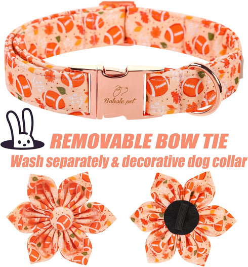 Fall Girl Dog Collar Flower Tie,Orange Maple Leafs Rugby Floral Dog Collar with Safety Metal Buckle Adjustable Puppy Collars for Small Medium Larg...
