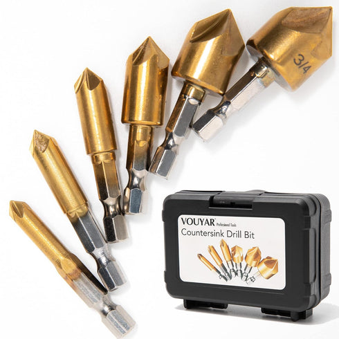 6 Pcs Countersink Drill Bit Set with Case 1/4'' Hex Shank HCS 5 Flute Countersink 90 Degree Center Punch Tool Sets for Wood, Quick Change Bit 1/4”...
