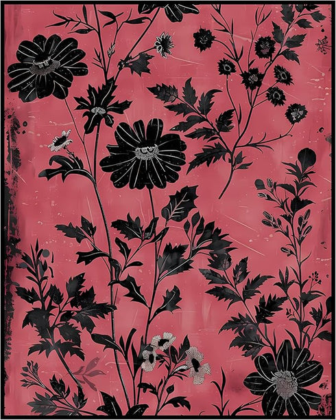 Posterizer 1 pcs-dainty black flowers with pink background-Floral & Botanical Art-Abstract & Modern Art-Decor for Home & Office- UNFRAMED Wall Art...