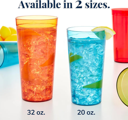 US Acrylic Café Plastic Reusable Tumblers (Set of 12) 32-ounce Iced-Tea Cups, Assorted | Value Set of Restaurant Style Drinking Glasses, Stackable...