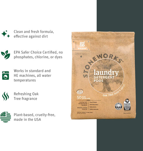 Grab Green Stoneworks Laundry Detergent Pods Sample Kit, 10 Count, Birch Branch, Fragrance Free Rain, Oak Tree, Olive Leaf, Rose Petal Scents, Pla...