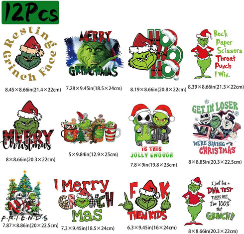 12 Sheets Christmas Iron on Decals for T-shirts Winter Xmas Heat Transfer Vinyl Design Cartoon Green Haired Monster Iron on Transfers Patch for Ha...