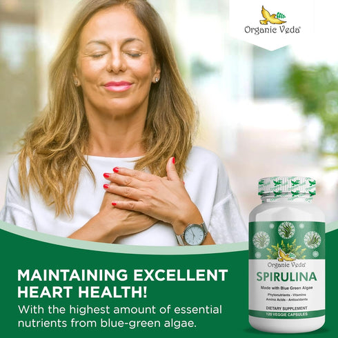 Organic Veda - Spirulina Capsules, Made with Blue Green Algae, Natural Spirulina Green Superfood Capsules, Supports Immune System, 120 Veggie Caps...
