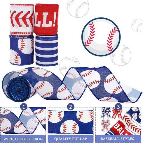 AnyDesign Baseball Wired Edge Ribbon 2.5 Inch Red Blue Craft Ribbon Wired Fabric Ribbon for Sport Events DIY Bow Wreath Wrapping Supplies, 24 Yard...