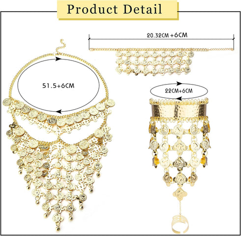 Sanfenly Belly Dance Jewelry Set for Women Cosplay Gold/Silver Coins Veil Triangle Bracelets with Ring and Coin Anklet Halloween Carnival Dance Pl...